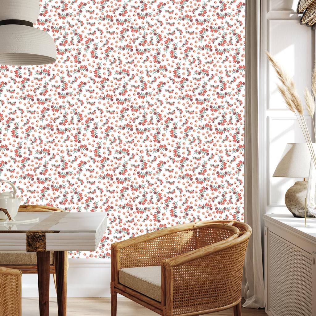 Wallpaper Small Flowers White, Light Gray and Coral 50x1000