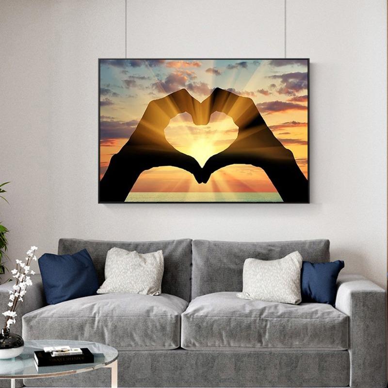 Очаровательное сердце рука закат пейзаж картина маслом плакат тема и печать фреска украшение гостиной