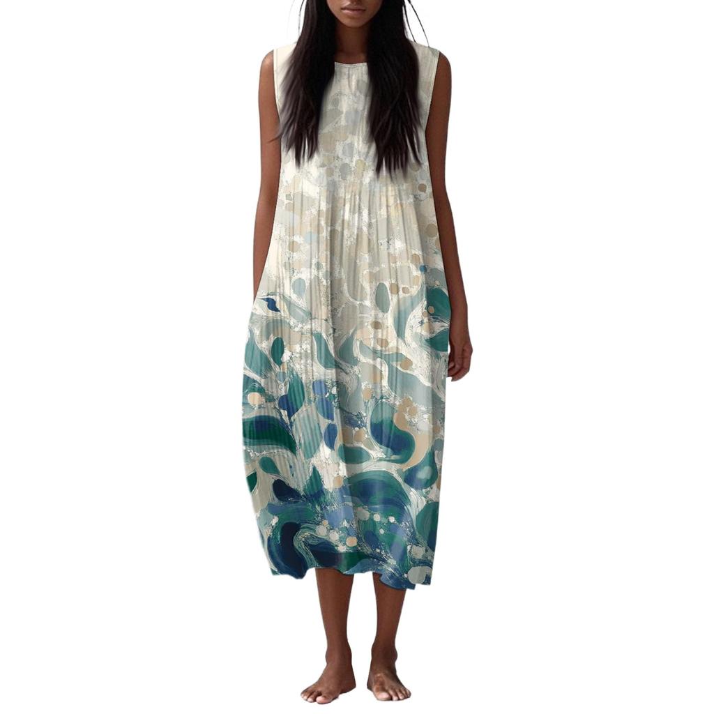 Женское модное повседневное платье без рукавов с круглым вырезом и цветочным принтом, элегантное, темпераментное