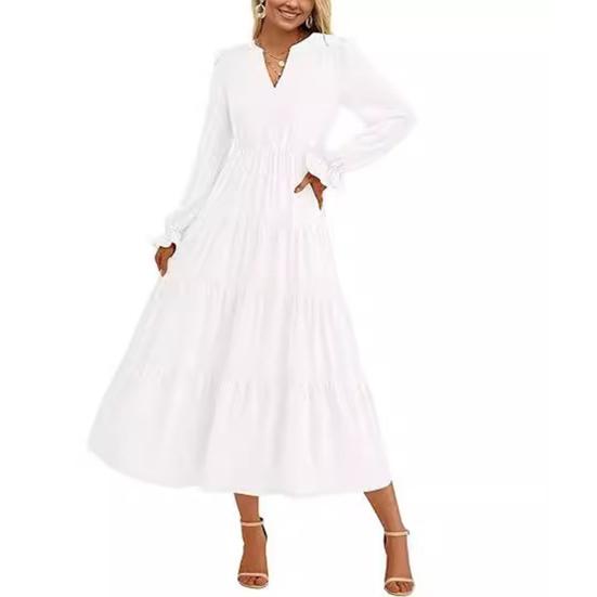 Весеннее платье с плиссированным подолом в стиле пэчворк, А-силуэт, большое свободное платье миди с V-образным вырезом, длинными рукавами-фонариками, струящееся платье с высокой талией, однотонное платье для свиданий