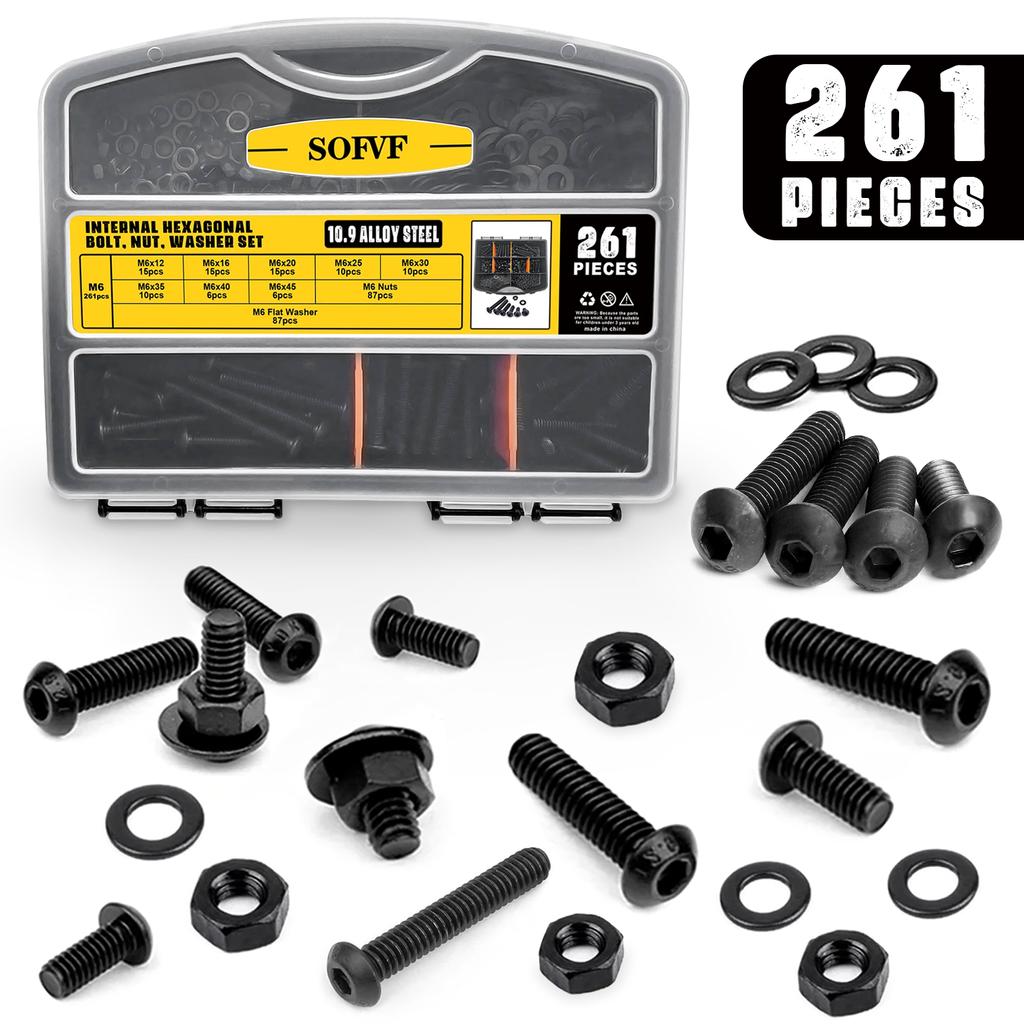 261Pcs M6 Push-Button Hex Screw, Black Oxide, Allen Drive, Hex Screw, Nut, Washer Sorting Kit, For Wood, Bicycle Repair