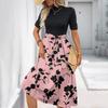 Women's Fashion Casual Belt Short Sleeve Round Neck Floral Elegant Temperament Dress
