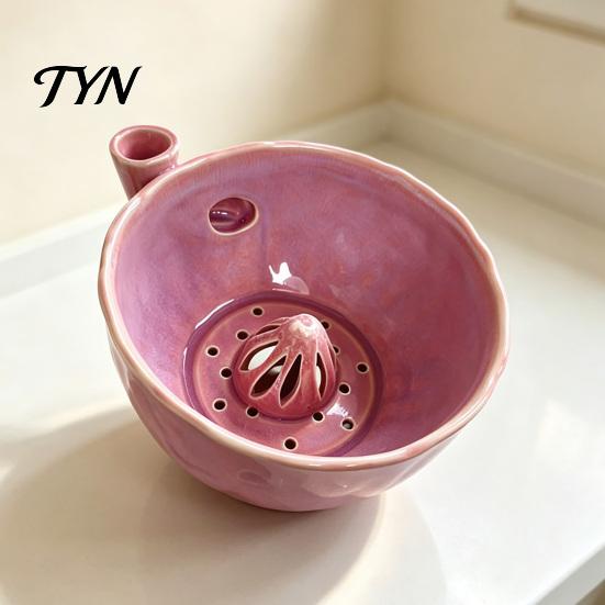 Ceramic Fruit Washing Bowl Berry with Detachable Juicing Cone &Drain Rack,Self Rinsing Drainage Basket for Produce Kitchen Countertop, Multifunctional