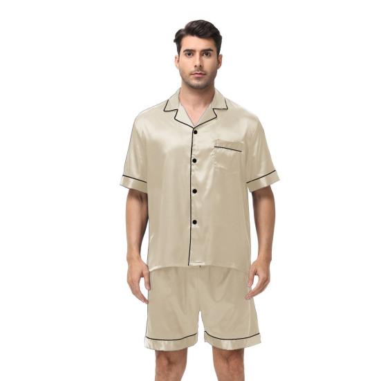 2Pcs/Set Men Pajamas Set Lapel Short Sleeve Single Breasted Tops Elastic Waist Shorts Set Solid Color Satin Sleepwear