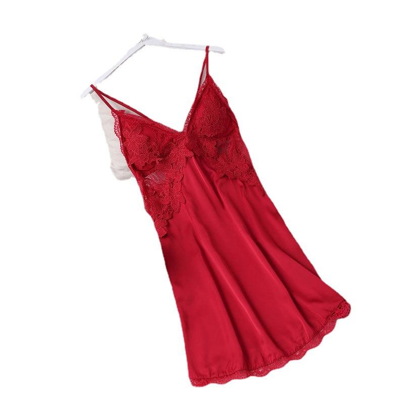 1011 spring and summer solid color pajamas women's thin ice silk sexy nightgown lace backless suspender loungewear