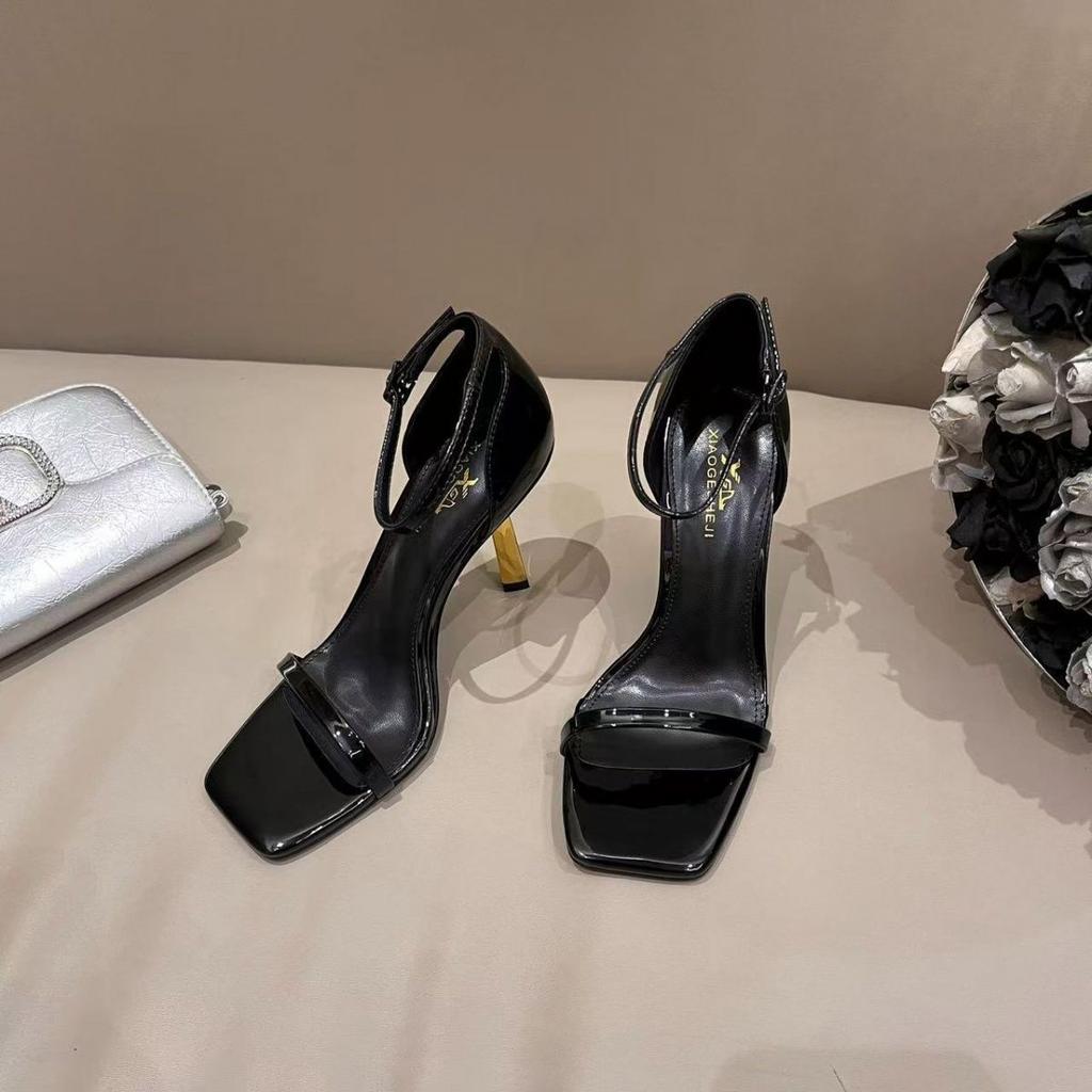 2025 Summer New One-word Open-toed Sandals Women's Thin Heel Temperament Niche Design High Heels