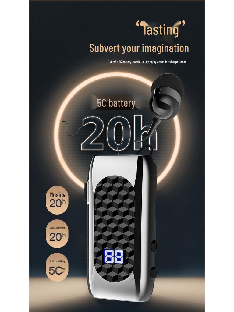 Bluetooth-гарнитура DR13 с клипсой и выдвижным шнуром, 20 часов работы от аккумулятора, цифровой дисплей, вибрация при деловом звонке и голосовое оповещение номера.