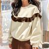 Women Fashion Round Neck Contrast Color Long Sleeve Ruffle Pullover Sweatshirts