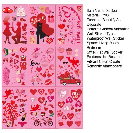 9 шт. статические наклейки ко Дню святого Валентина, легко наносятся, без остатка, яркий цвет, создают романтическую атмосферу, тематические наклейки для украшения окон