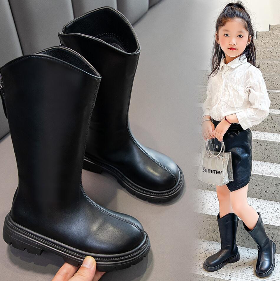 Fashion Girls' Long Boots 2024 Winter New British Style Black Children's Knight Boots Princess Girl Back Zipper Knee-High Boots 4-15 Yea