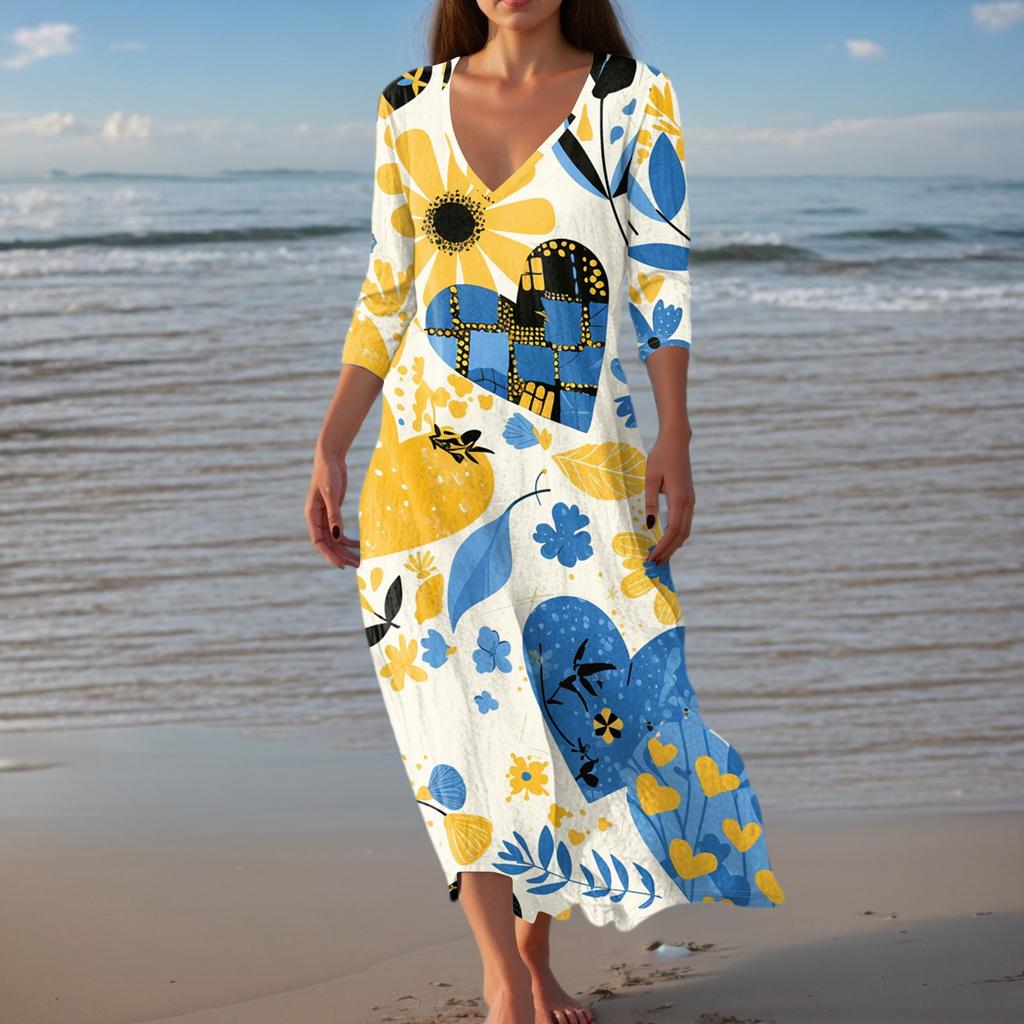 Women's Vintage Print Tunic Waisted Midi Dress Summer Casual 3/4 Sleeve Dress Dress