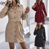 Women's Casual Solid-color Single-breasted Long-sleeved Lace-up Corduroy Shirt Dress for Autumn and Winter Dress