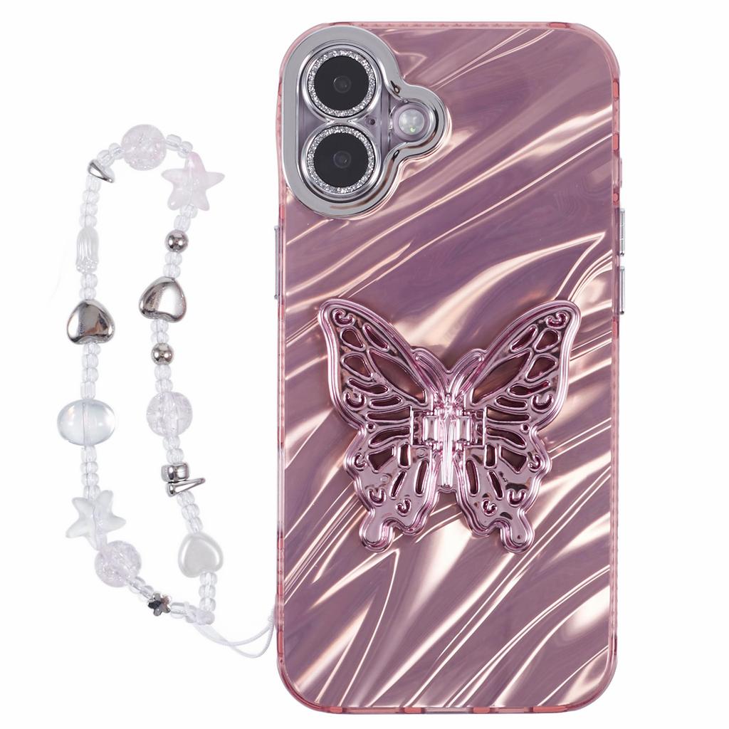 For iPhone 16 Case Butterfly Kickstand PC+TPU IMD Phone Cover with Lens Film / Beaded Strap - Feather Pattern / Pink