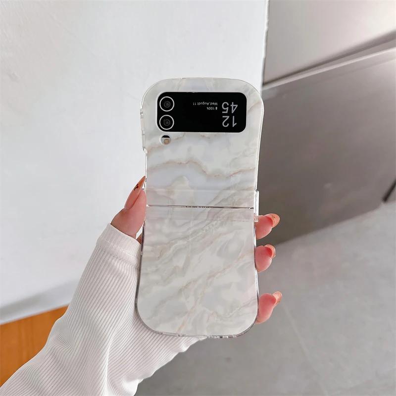 Korean Marble Texture Painted Case For Samsung Galaxy Z Flip 6 5 4 3 5G Flip4 Flip5 3-piece Set Flip6 Cute Anti-Scratch Cover