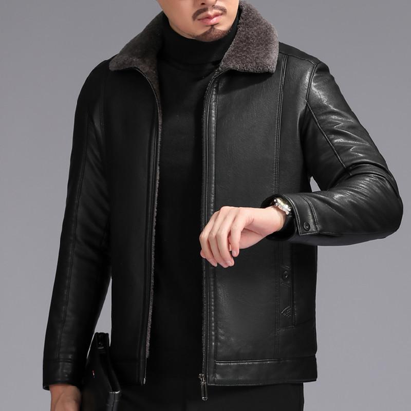 Мужская куртка из натуральной кожи с бархатом и утолщенным зимним мехом, универсальная мужская кожаная куртка на пуговицах для пап среднего возраста с пальто с лацканами