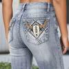 Summer new American retro bull head embroidered micro-pull jeans women's high-waisted elastic denim flared pants