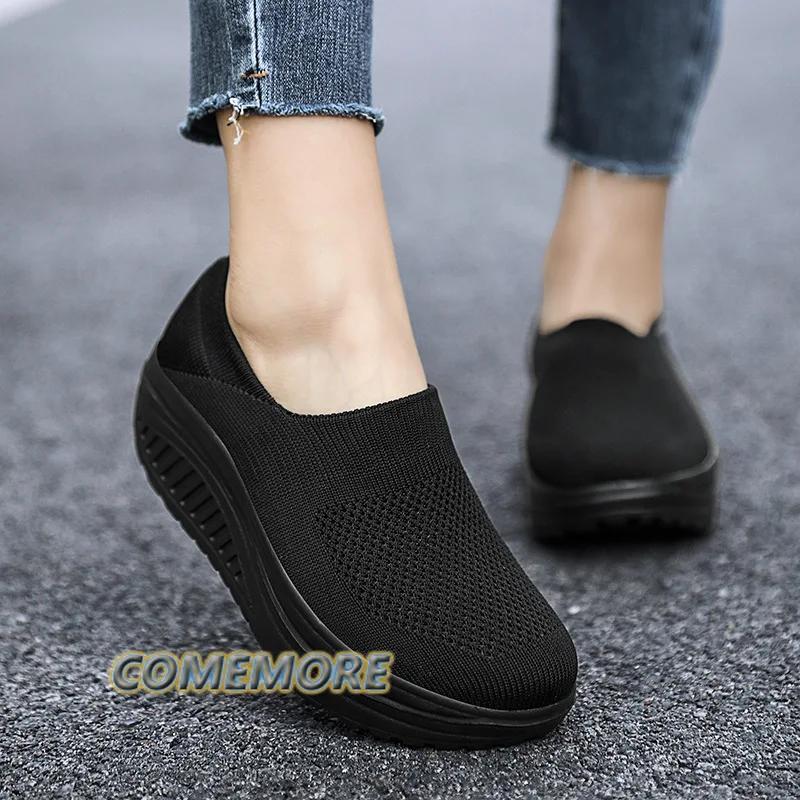 Модные дышащие сетчатые женские туфли на танкетке, туфли на каблуках, женские вязаные носки, кроссовки, женская повседневная обувь на платформе, весна-осень