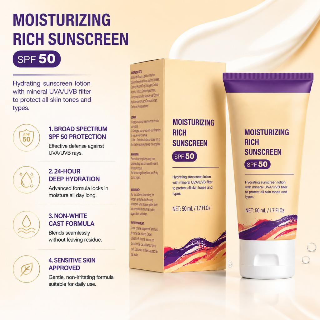 Moisturizing Sunscreen SPF50 Broad Spectrum Protection UV Defense Neutral Packaging for Face and Body