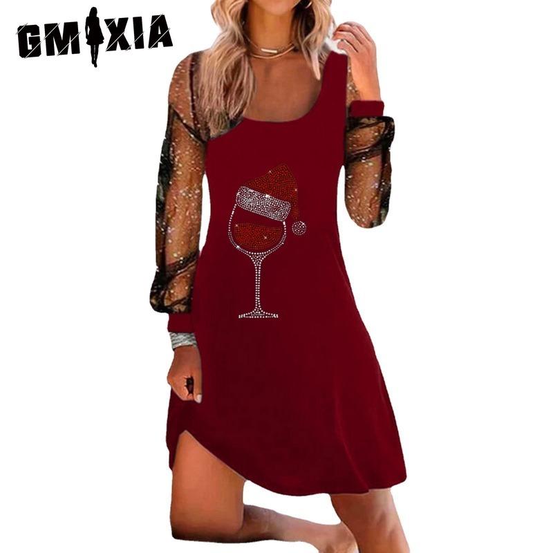 GMXIA Женская мода весна осень однотонный принт длинный рукав U-образный вырез высокая талия повседневные платья