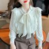 Lace Splicing Hollow Out Women Shirt Solid Color Spring Autumn Long Sleeve Sweet Top Bow Ruffle Blouse Office Lady Elegant Tops