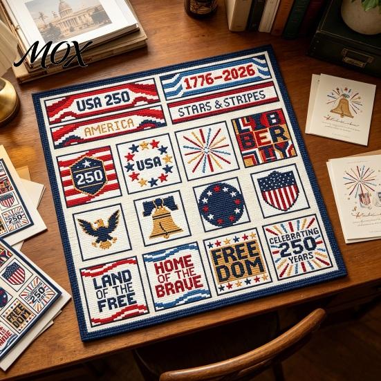 Segmented Embroidery Pattern 250th Anniversary Cross Stitch Kit, Independence Day Theme, Red White Blue Threads Patriotic Set, USA Patterns