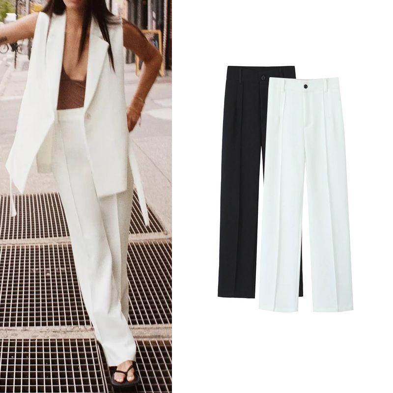 Spring and Summer New Women's Clothing Fashion Wind Elegant Commute Leisure Easiest for Match Pure Color Straight-leg High-Waisted Trousers 2761048
