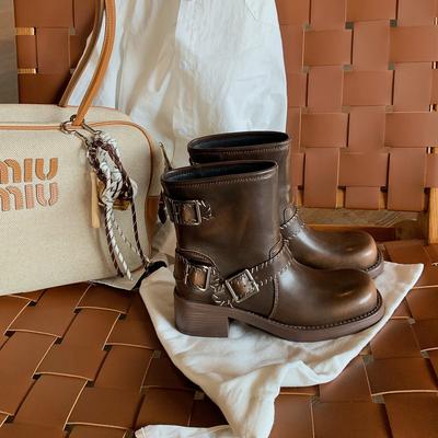 Секунды волосы~ мать винограда, ретро полированная пряжка ремня, старый толстый каблук локомотив британский стиль короткие сапоги, новая женская