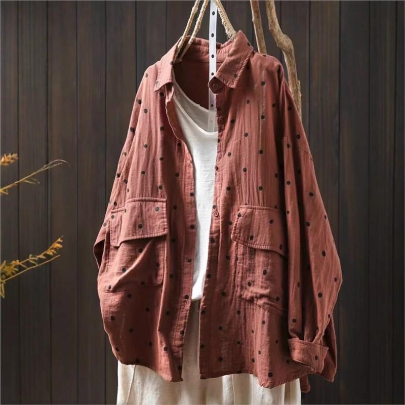 Johnature Женские рубашки в горошек, топы, блузки с отложным воротником, весенние пуговицы, длинные рукава, карманы, женские рубашки