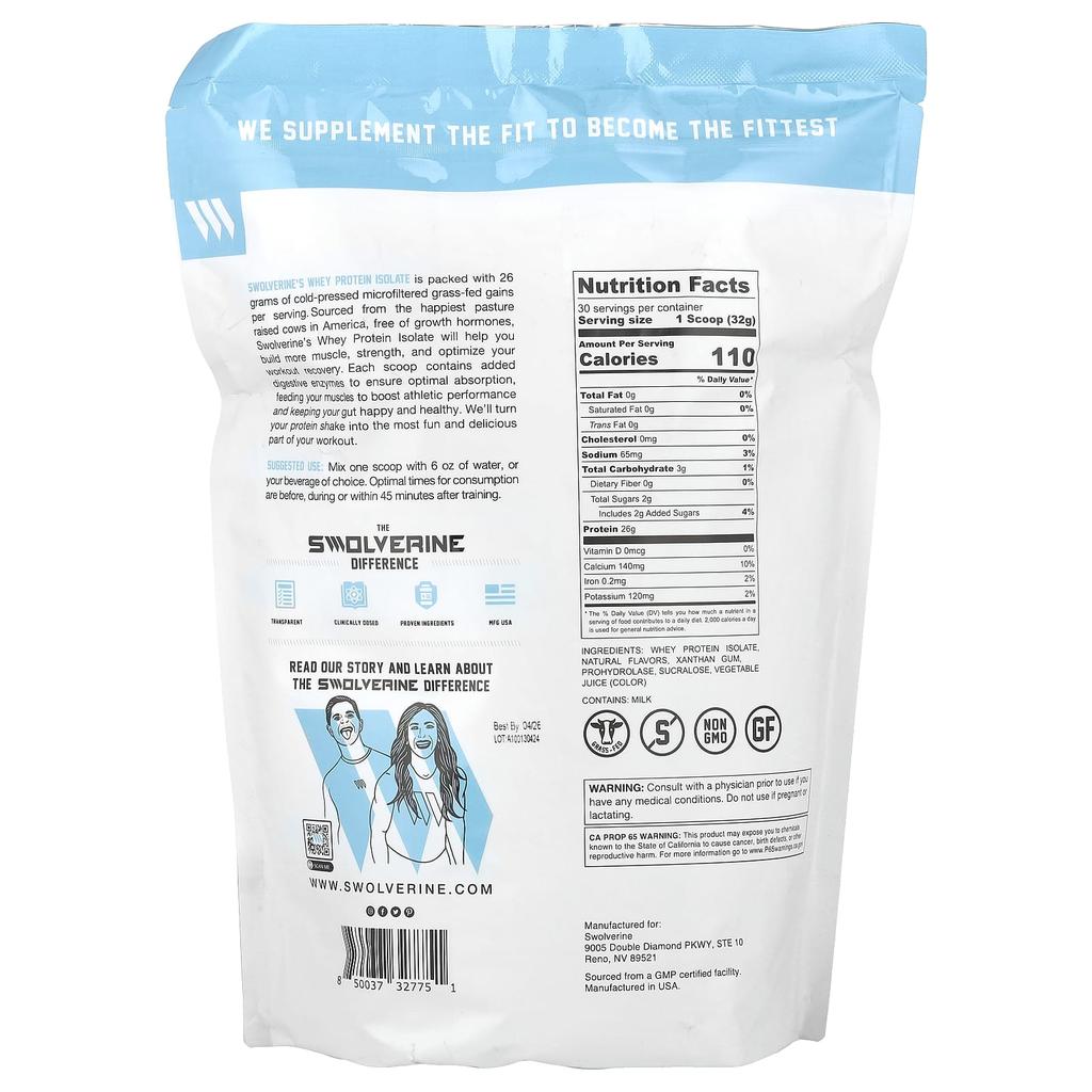 Swolverine, whey isolate, strawberry flavor, 960g (2.11lb)