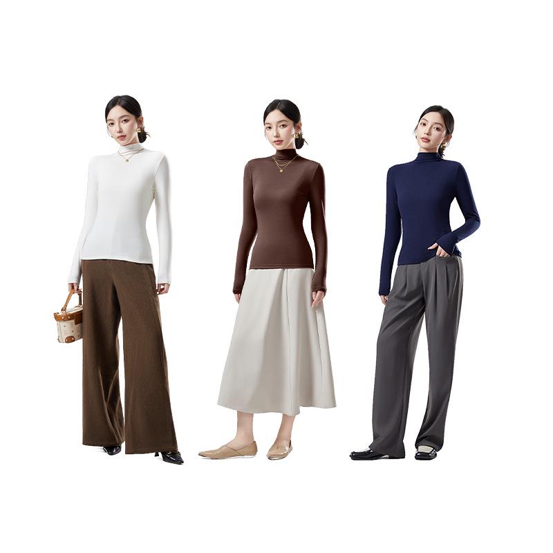 Women's Wool Semi-High Neck Long Sleeve Top - Antibacterial, Slimming, Warm, Versatile for Autumn and Winter