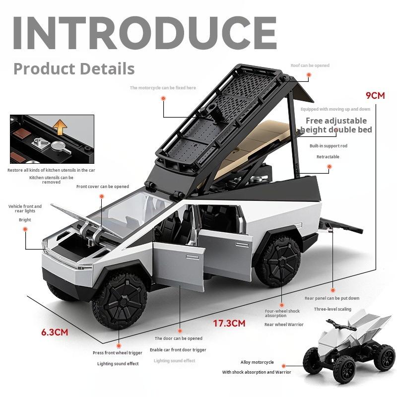 Масштаб 1/24 Пикап Tesla Кемпинг Автодом Модель автомобиля Литой металл Игрушечные транспортные средства Модель автомобиля Звук Свет Коллекция Детская игрушка Подарок