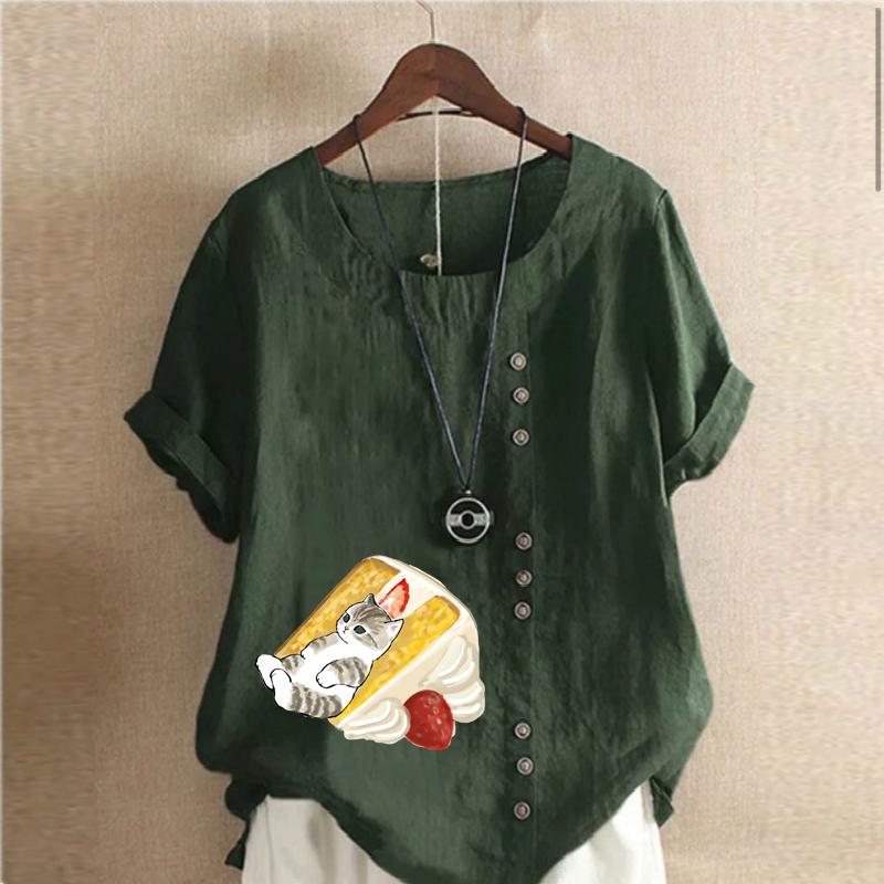 Женская мода, футболка с круглым вырезом и короткими рукавами с милым котом, повседневная рубашка из хлопка и льна с рисунком, свободная летняя блузка для отдыха, топы больших размеров