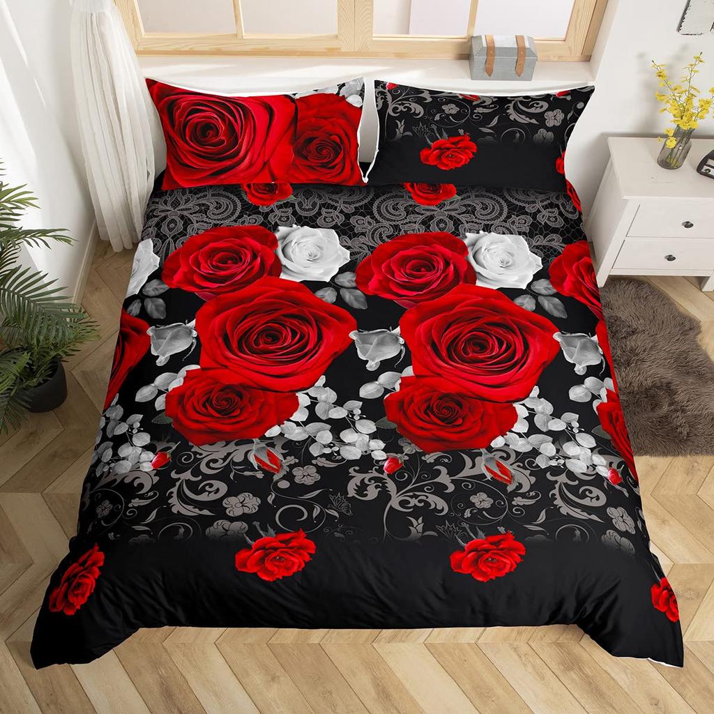 Valentine's Day Rose King Queen Duvet Cover Red White Floral Bedding Set Romantic Flowers Quilt Cover Polyester Comforter Cover