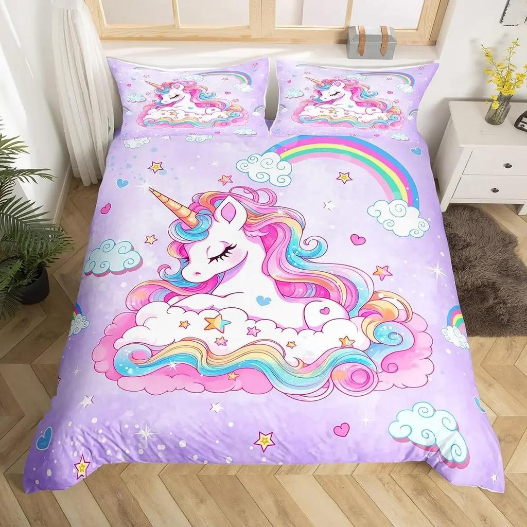 Unicorn Bedding Set Kids Purple Space Galaxy Duvet Cover Microfiber Quilt Cover Girly Cartoon Comforter Cover and Pillowcases
