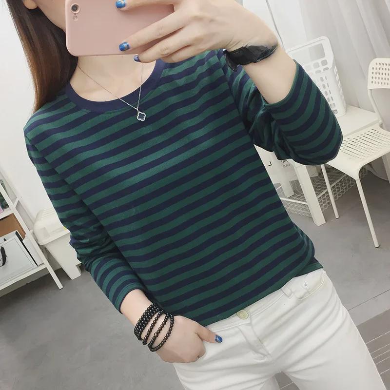 Женская полосатая футболка с длинным рукавом на весну и осень — свободный крой для мам среднего и пожилого возраста