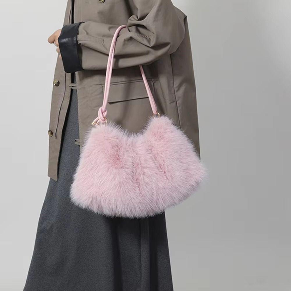 Solid Color Faux Fur Hobo Bag Warm Women Handbag Casual Fluffy Shoulder Bag  Daily
