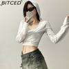 BITCED Spring Women's Solid-Color Slim-Fit Crop Top Fashion V-Neck Hooded Long-Sleeve Sun Protection Shirt