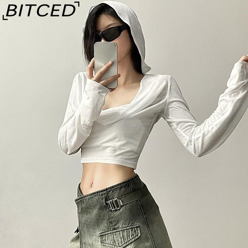 BITCED Spring Women's Solid-Color Slim-Fit Crop Top Fashion V-Neck Hooded Long-Sleeve Sun Protection Shirt