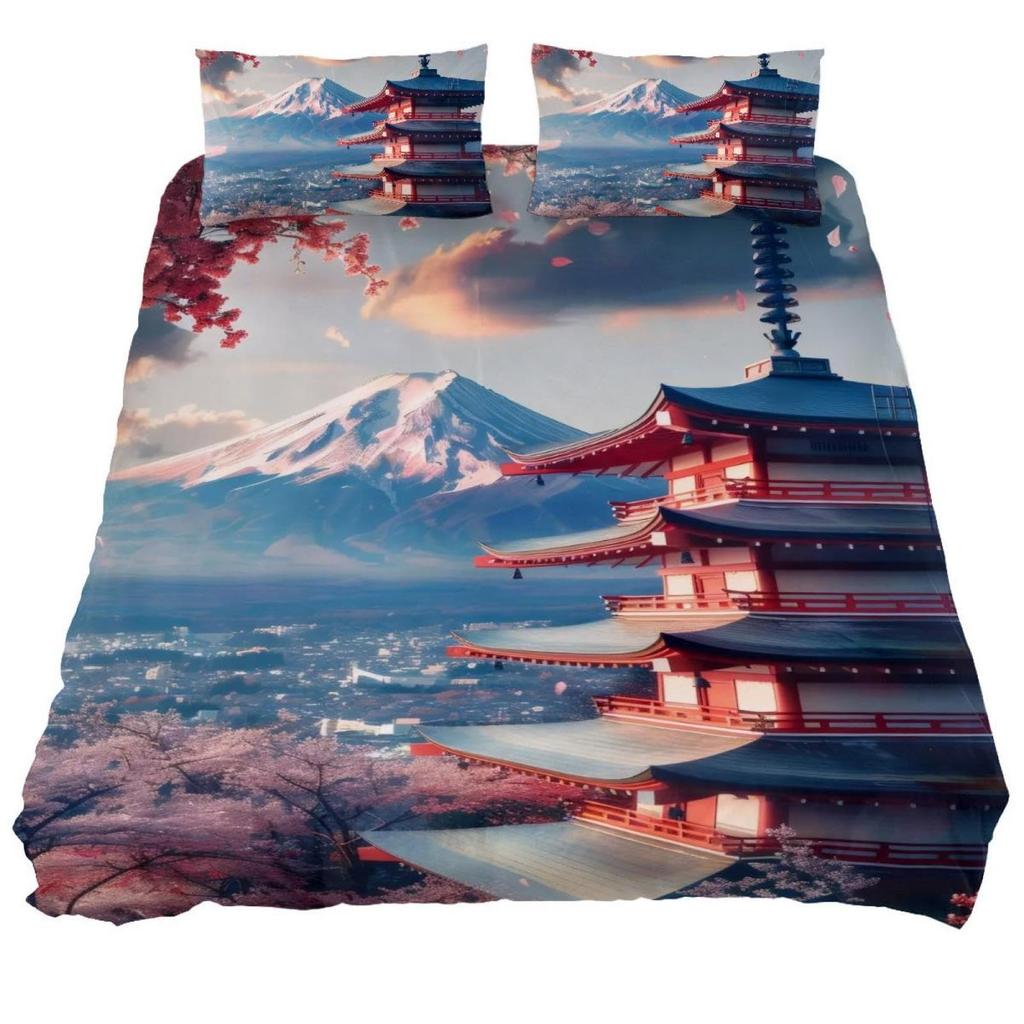 Mount Fuji Duvet Cover Twin Size Kids Cherry Blossoms Comforter Cover Set For Boys Girls Teens Natural Scenery Art Bedding Set