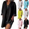 Women's V-neck Three Quarter Sleeve Pocket Cotton Linen Solid Color Casual Dress