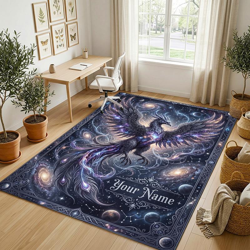Dragon Phoenix Theme Crystal Velvet Rug Personalized Custom Name Text Soft Floor Mat Home Decor