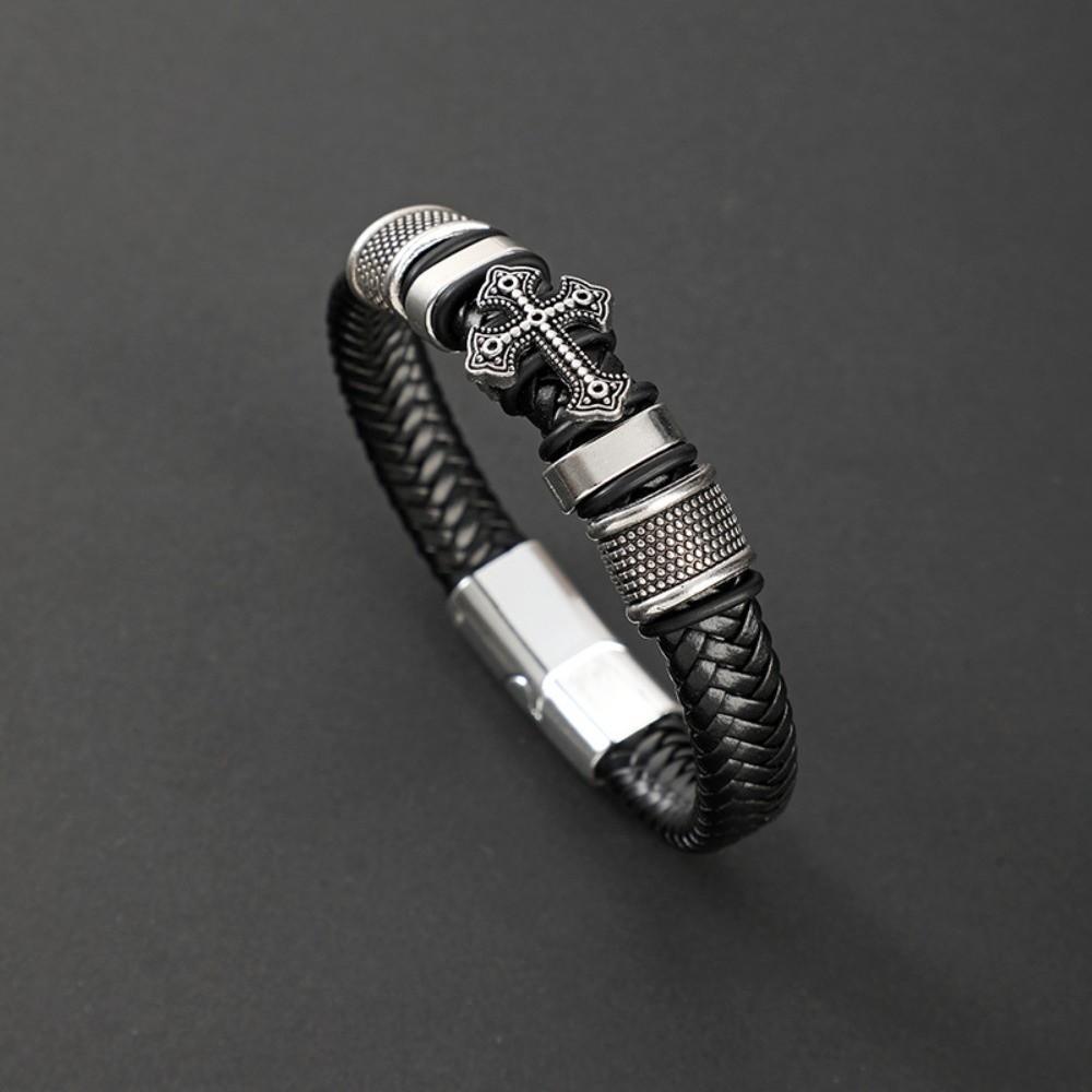 Cross Leather Bracelet Braided Leather Bangle Personality Men's Cross Bracelet Gift