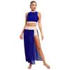 S-XL Womens Shiny Rhinestones Lyrical Dance Outfit Mock Neck Sleeveless Keyhole Back Crop Top with Side Split Flowy Mesh Skirt