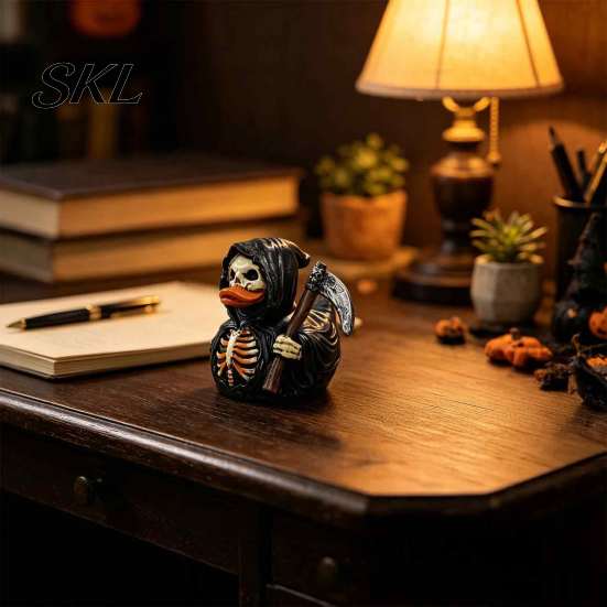 Dark Home Office Accessories Halloween Grim Reaper Duck Resin Figurine, Gothic Scythe Statue Spooky Atmosphere Ornaments for Desk Decor, Collectible