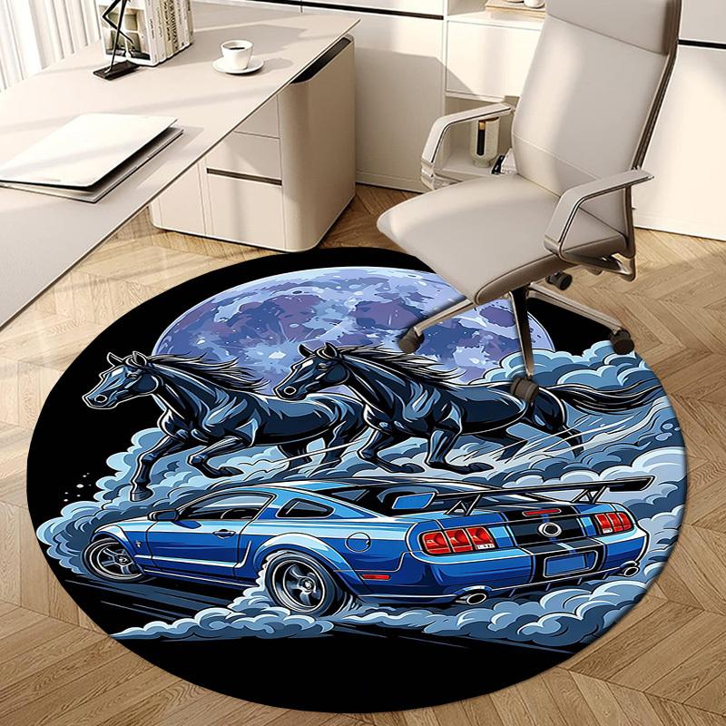 1PC Horse Car Non-Slip Floor Round carpet, Office, family, bedroom, Large Area Rug Indoor Rugs, Durable PolyesterH0340