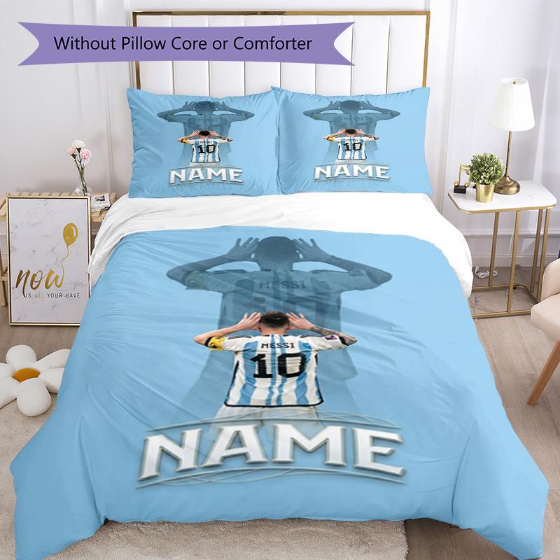 Messi Soccer Jersey Name Personalized Name Bedding Set,Airy Bed Linen for Sports Room Decor,Perfect Teenager Gift,Double Sided Duvet Cover with Pillow