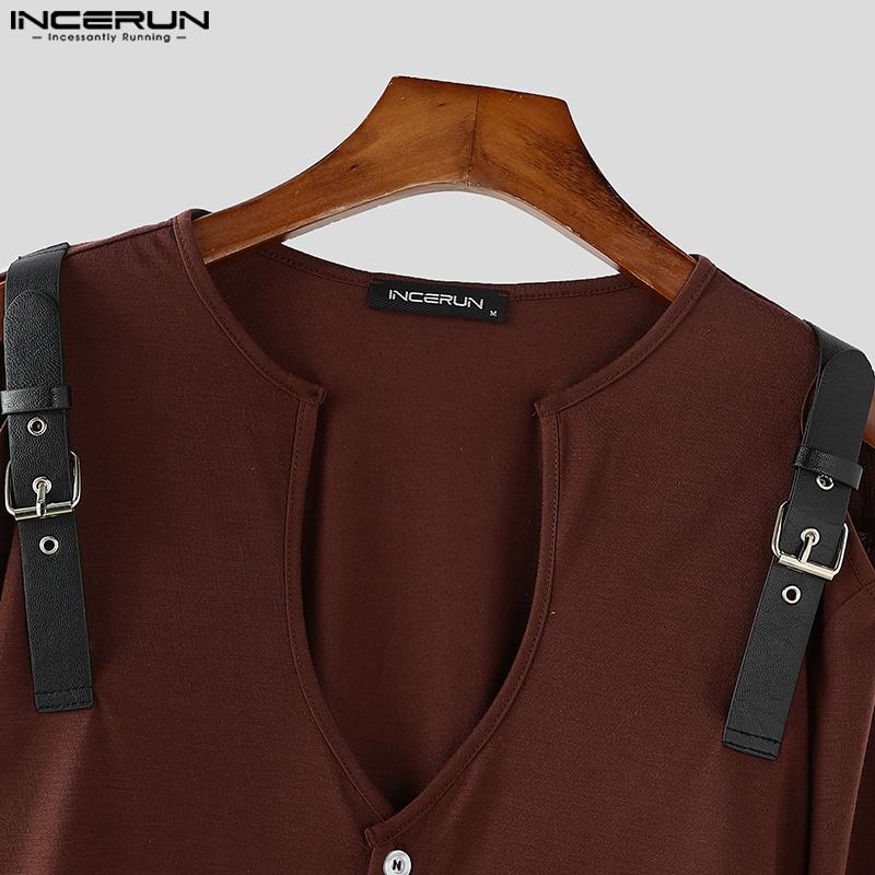 INCERUN Men Cutout Shoulder Patchwork Long Sleeve Casual Buttons T-Shirts Undershirts
