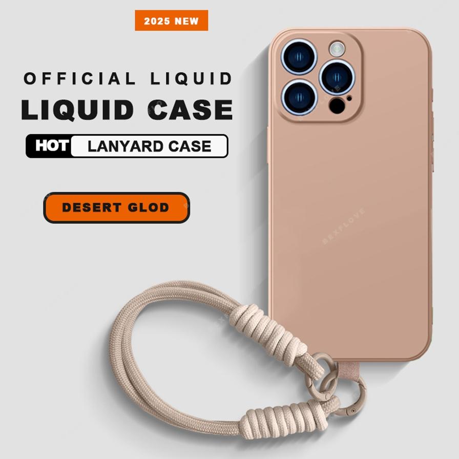 Чехол для телефона со шнурком для iPhone 16E 16 14 15 Plus 12 13 Mini 11 16 Pro X XR XS Max SE Защитный чехол из жидкого силикона с ремешком Мягкий чехол