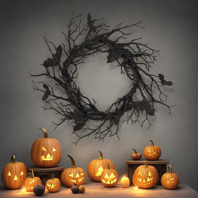 Halloween Artificial Wreath Bat Black Branch Wreaths Wreath for Front Door with LED Light Window Home Decor Halloween Decoration