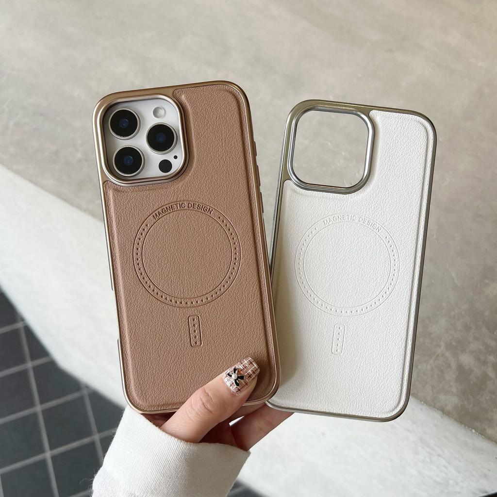 Подходит для iPhone 16 Оригинальный цвет Кожа Магнитная присоска Чехол для мобильного телефона Apple 15 ProMax Гальваническое покрытие 14 Противоударный защитный чехол